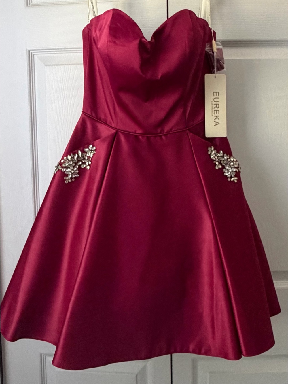 Eureka Strapless Satin Party Dress in burgundy red.